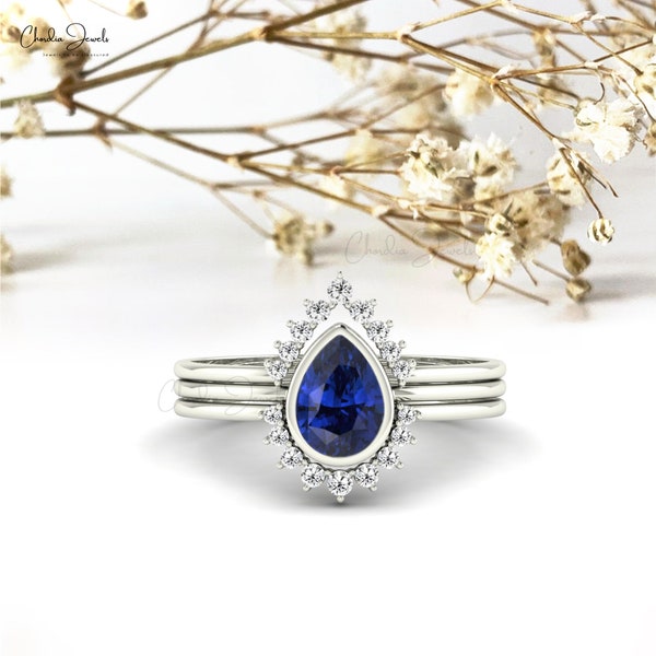 Diamond Halo Wedding Ring, 14k Solid Gold Birthstone Promise Ring, 0.72Ct Blue Sapphire Gemstone Rings, Bezel Set Anniversary Jewelry Gift