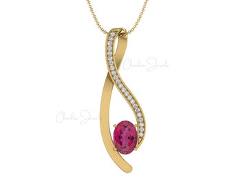 Genuine Pink Tourmaline Twisted Pendant | 14k Solid Gold Diamond Pendant | 6x4mm Oval Cut Gemstone Pendant | Handmade Pendant | Gift for Mom