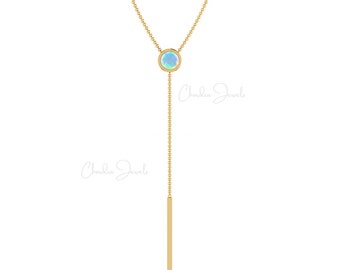 Genuine Ethiopian Opal Lariat Necklace, 14K Real Gold Dainty Necklace, 3.5MM Round Cut Gemstone Jewelry, October Birthstone Necklace For Her
