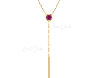 Genuine Ruby Y Drop Necklace, 14k Solid Gold Lariat Necklace, 3.5mm Round Gemstone Wedding Necklace, July Birthstone Fine Jewelry for Women