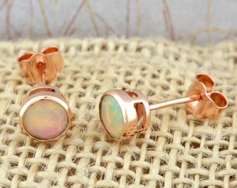 Ethiopian Opal Bezel Earrings, 5mm Round Cut Natural Gemstone Push Back Studs, 14k Rose Gold Fire Opal Earring Pair, Wedding Jewelry For Her