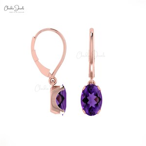 Solitaire Oval Amethyst Earring, 14k Real Gold Lever Back Earrings, Birthstone Hallmark Jewelry, Natural Gemstone Dangle Earrings For Mom
