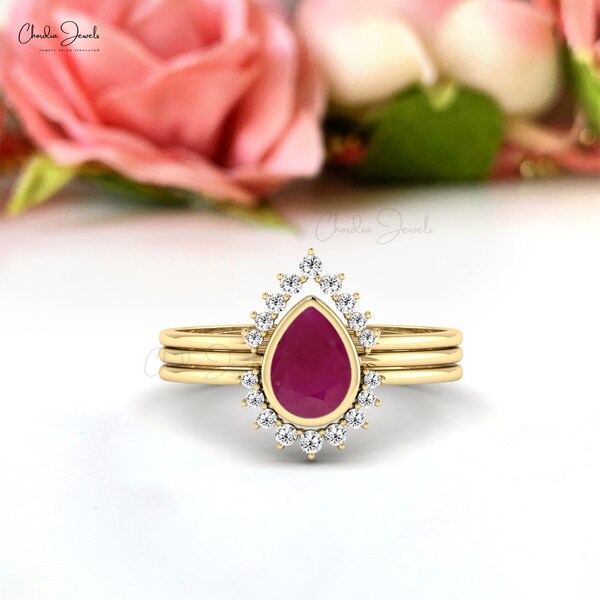 Diamond Stackable Three Band, 0.72CTW Burma Ruby Engagement Ring, Solid 14k Gold Bezel Set Halo Rings, Pear Gemstone Fine Jewelry For Women