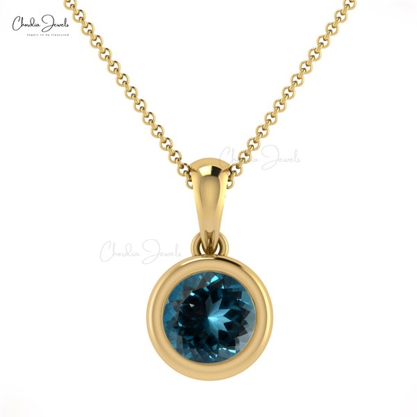 14k Solid Gold Bezel Set Hanger, Authentieke Londen Blue Topaz Solitaire Hanger Ketting, 5mm Ronde Cut Edelsteen Gelaagdheid Sieraden voor vrouwen