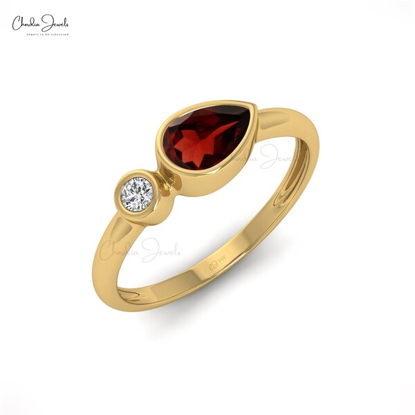 Stylish Red Garnet Ring Set 14k Solid Gold Pear Cut Gemstone Ring, Diamond Bezel Ring for Women Promise Engagement Wedding Anniversary gift