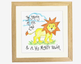 Christian Nursery Animal Wall Art - León - Sé fuerte en el Señor - Regalo de bautismo