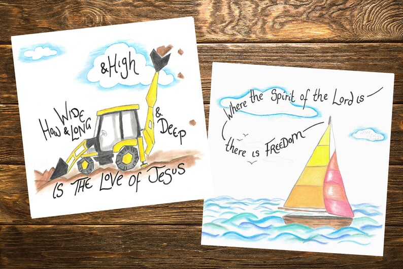 Puede incluir: Dos ilustraciones con citas inspiradoras. La primera ilustraci&oacute;n muestra una excavadora amarilla cavando en el suelo con la cita "How Wide & Long & High & Deep Is The Love of Jesus". La segunda ilustraci&oacute;n muestra un velero en el oc&eacute;ano con la cita "Where the Spirit of the Lord is there is Freedom".
