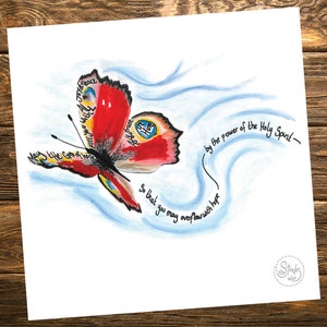 Puede incluir: Una pintura de acuarela de una mariposa roja con acentos azules y amarillos. La mariposa est&aacute; volando con las alas extendidas. El texto "May life come in waves... by the power of the Holy Spirit... so that you may overflow with hope" est&aacute; escrito en una escritura fluida alrededor de la mariposa.