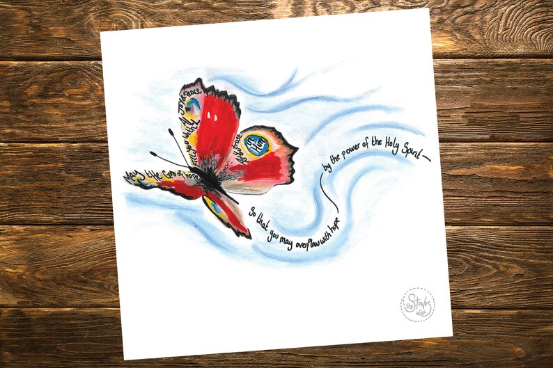 Puede incluir: Una pintura de acuarela de una mariposa roja con acentos azules y amarillos. La mariposa est&aacute; volando con las alas extendidas. El texto "May life come in waves... by the power of the Holy Spirit... so that you may overflow with hope" est&aacute; escrito en una escritura fluida alrededor de la mariposa.