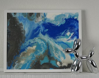 Tidal, Original Abstract Mixed Media Painting with Resin/ Glass coat. Blue, silver, grey and white