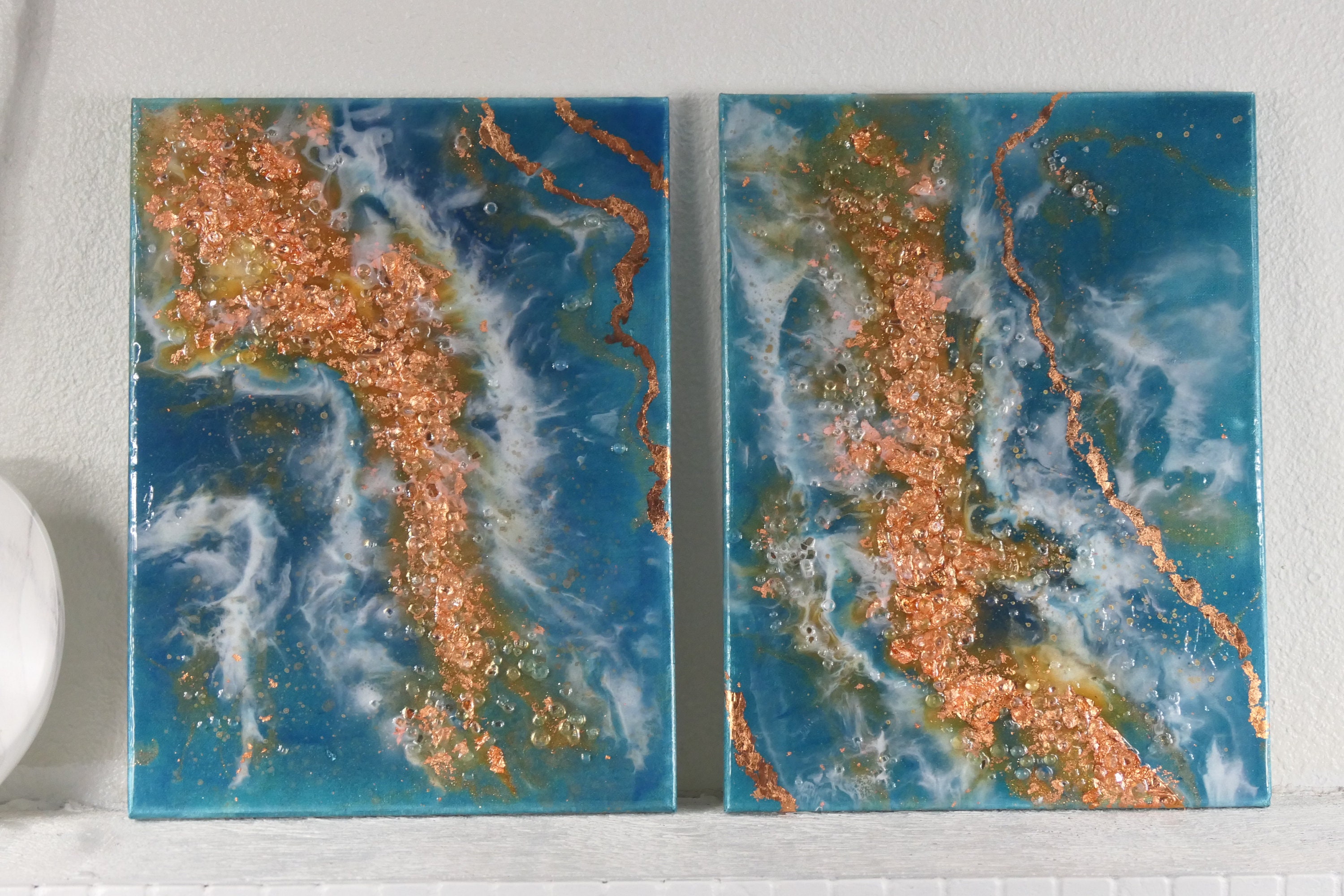 Copper Wave, Original Resin Art Painting With Glass , Diptych (set ...
