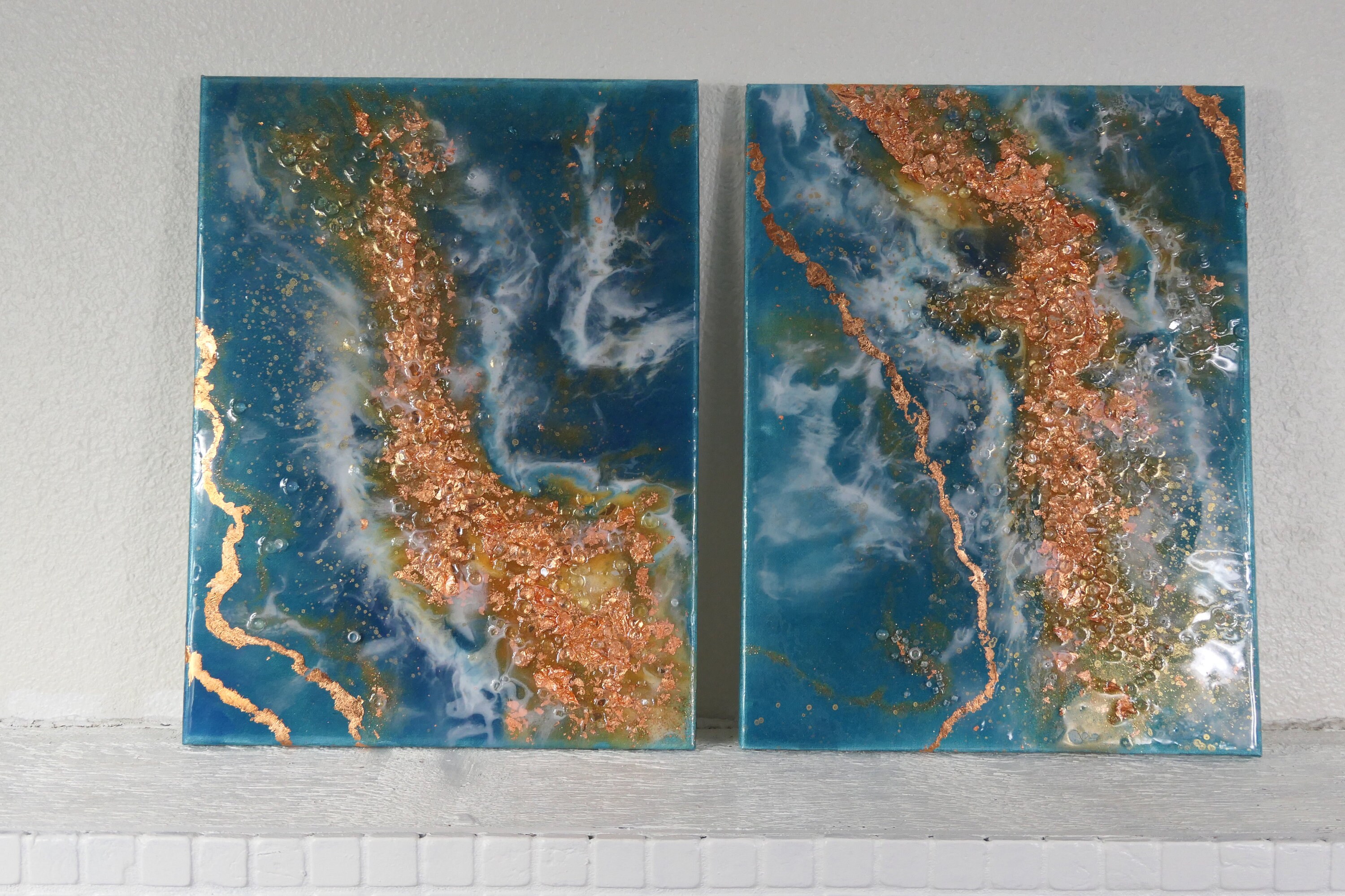 Copper Wave, Original Resin Art Painting With Glass , Diptych (set ...