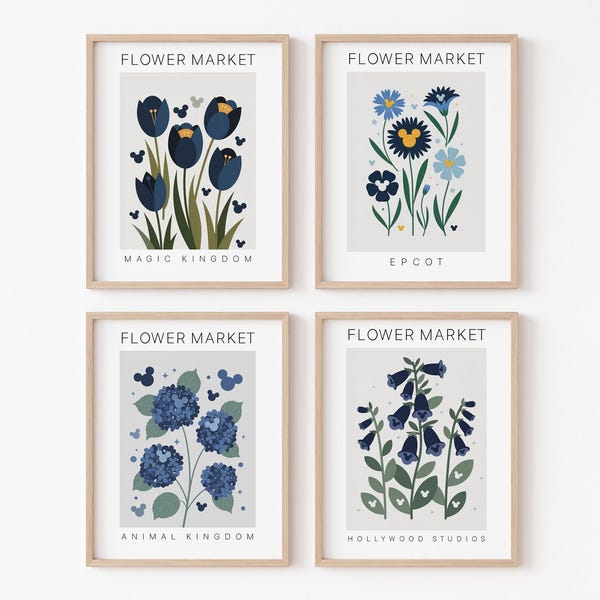 Disney Flower Market Prints, Set of 4 Subtle Disney Wall Art Print, Mickey Botanical Decor, Tropical Home Decor, Disney Lover Gift