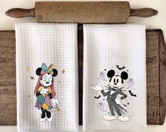 Jack and Sally Disney Kitchen Tea Towels, Halloween Disney Lover Home Decor, Halloween Decor, Cute Gifts for Her, Set of 2 Towels