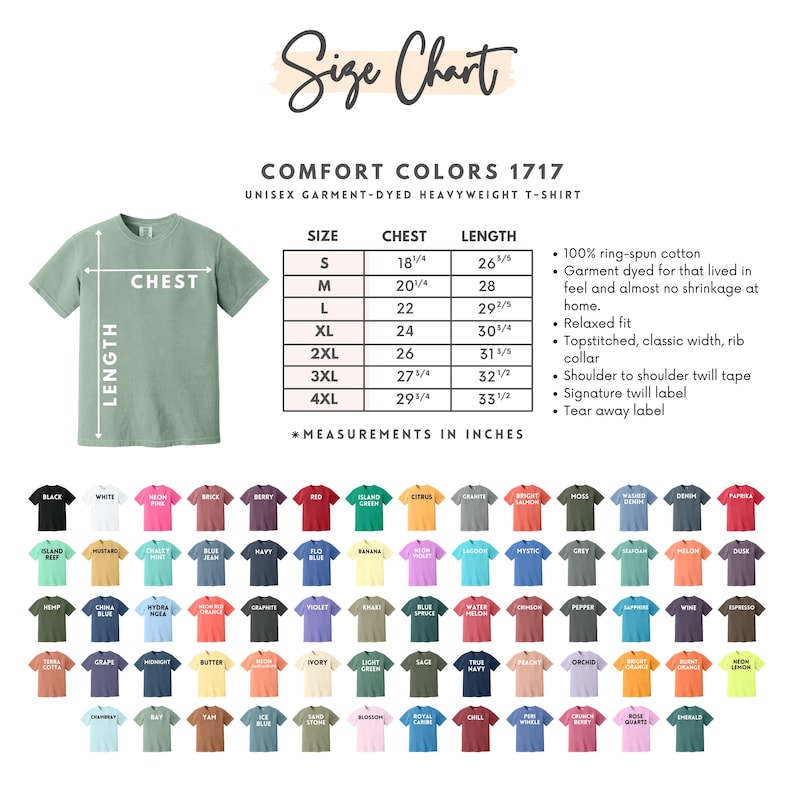 Puede incluir: Tabla de tallas para una camiseta unisex de tejido pesado te&ntilde;ida con tintes para prendas. La tabla incluye medidas de pecho y largo en pulgadas para las tallas S a 4XL. La imagen tambi&eacute;n muestra una variedad de colores de camisetas.