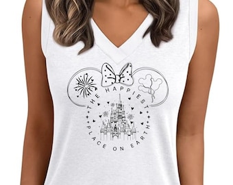 Débardeur à col en V L'endroit le plus heureux de la planète, t-shirt tête de souris Disney, chemise voyage Disneyworld, château Disney, débardeur d'été