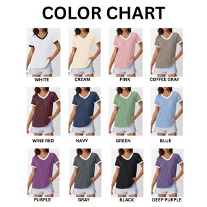 May include: A color chart displays a variety of V-neck t-shirts in different colors, including white, cream, pink, coffee gray, wine red, navy, green, blue, purple, gray, black, and deep purple. The text "COLOR CHART" is at the top.