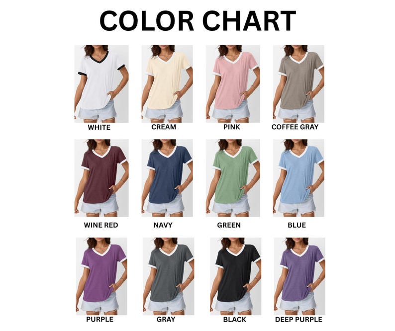 May include: A color chart displays a variety of V-neck t-shirts in different colors, including white, cream, pink, coffee gray, wine red, navy, green, blue, purple, gray, black, and deep purple. The text "COLOR CHART" is at the top.