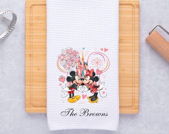 Torchon de cuisine pour couple Disney personnalisé, cadeau Minnie et Mickey, cadeaux déco cuisine Saint-Valentin, décoration d'intérieur amoureux de Disney