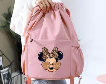 Leopard Print Minnie Bag Drawstring Backpack, Waterproof Drawstring Bag for Disney Trip, Disneyworld Trip Accessories, Animal Kingdom
