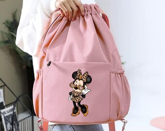 Retro Leopard Print Minnie Drawstring Backpack, Waterproof Drawstring Bag for Disney Trip, Disneyworld Trip Accessories