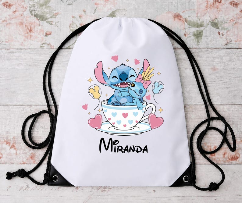 Stitch In Teacup Drawstring Backpack, Lilo and Stitch, Drawstring Bag for Disney Trip, Disneyworld Trip Accessories afbeelding 3