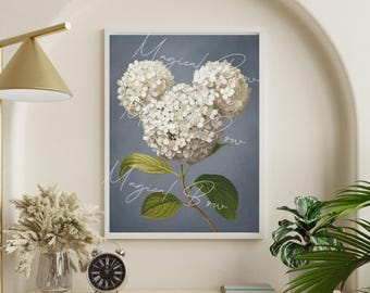 Mickey Hydrangea Subtle Disney Wall Art Print, Floral Home Decor, Disney Lover Gift, Slate Gray Home Decor