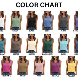 Puede incluir: Una carta de colores muestra una variedad de tops sin mangas con cuello en V en varios colores. La carta incluye colores como blanco, verde, negro, azul, gris, azul p&uacute;rpura, azul gris&aacute;ceo, caf&eacute;, crema, verde oscuro, cian, azul claro, rosa intenso, caqui, rosa, morado y amarillo.