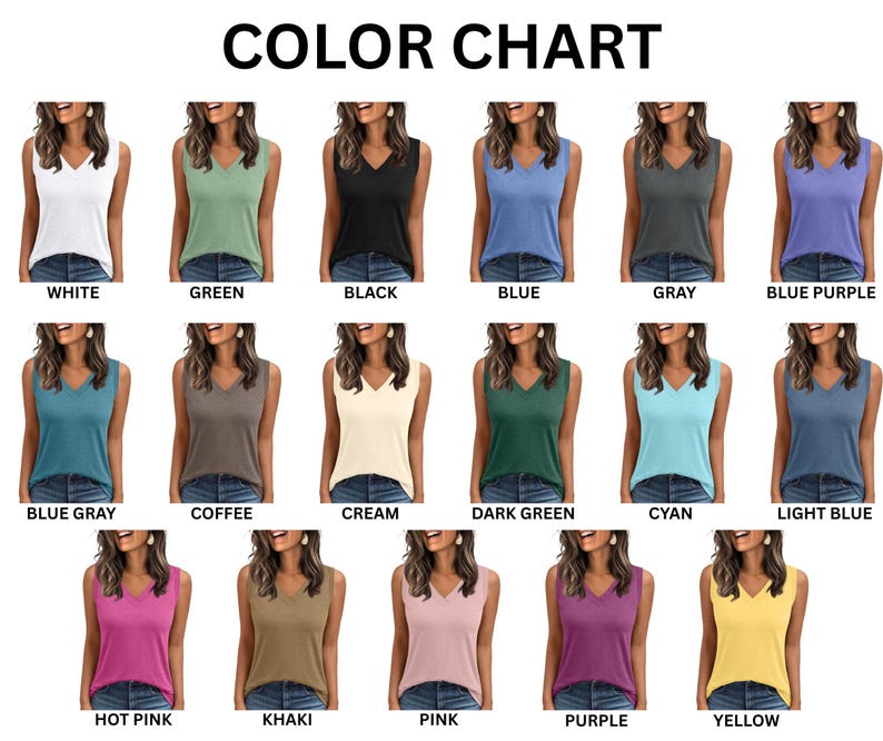 Puede incluir: Una carta de colores muestra una variedad de tops sin mangas con cuello en V en varios colores. La carta incluye colores como blanco, verde, negro, azul, gris, azul p&uacute;rpura, azul gris&aacute;ceo, caf&eacute;, crema, verde oscuro, cian, azul claro, rosa intenso, caqui, rosa, morado y amarillo.