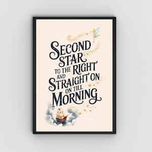 May include: Framed art print with the quote "Second Star to the Right and Straight on Till Morning" in navy blue script. A fairy and a ship are illustrated with gold accents. The background is a light beige color.