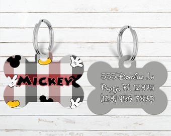 Mickey Plaid Pattern Disney Dog Tag, Personalized Pet Tag, Pet Id Tag for Dogs & Cats