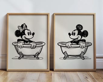 Set of Two Disney Bathroom Print, Mickey Bath Tub, Funny Bathroom Wall Art, Disney Home Decor