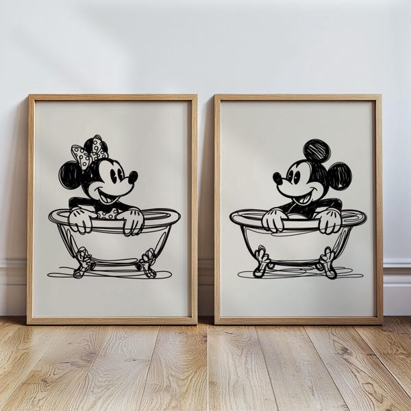 Set of Two Disney Bathroom Print, Mickey Bath Tub, Funny Bathroom Wall Art, Disney Home Decor