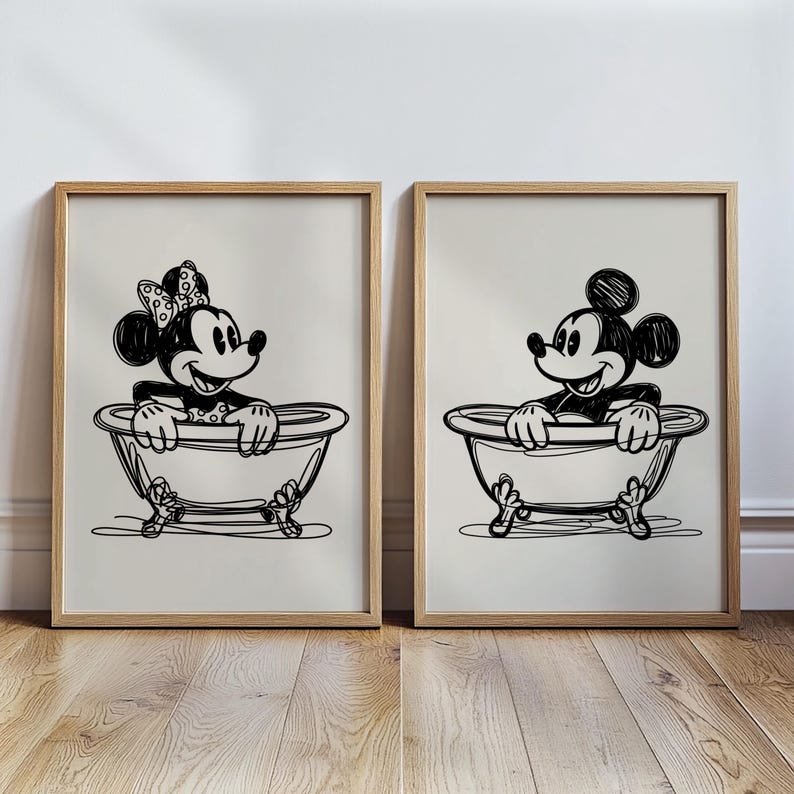 Set of Two Disney Bathroom Print, Mickey Bath Tub, Funny Bathroom Wall Art, Disney Home Decor