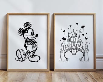 Set of Two Sketch Mickey and Castle Prints, Disney Wall Print, Disney Home Decor