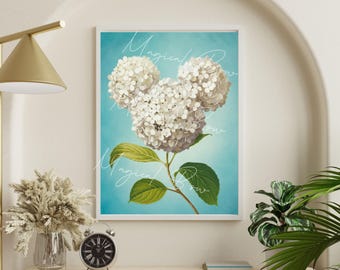 Mickey Hydrangea Subtle Disney Wall Art Print, Floral Home Decor, Disney Lover Gift, Blue Home Decor