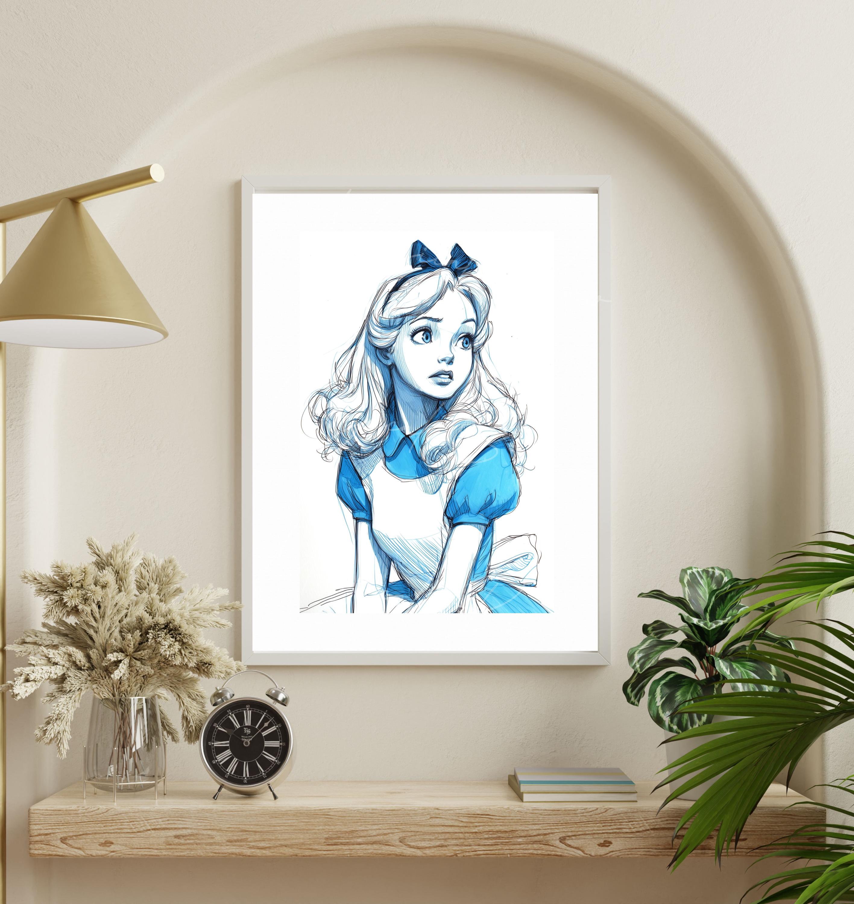 Alice in Wonderland Sketch Wall Art Print, Girls Room Decor