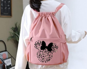 Leopard Print Minnie Bag Drawstring Backpack, Waterproof Drawstring Bag for Disney Trip, Disneyworld Trip Accessories, Animal Kingdom