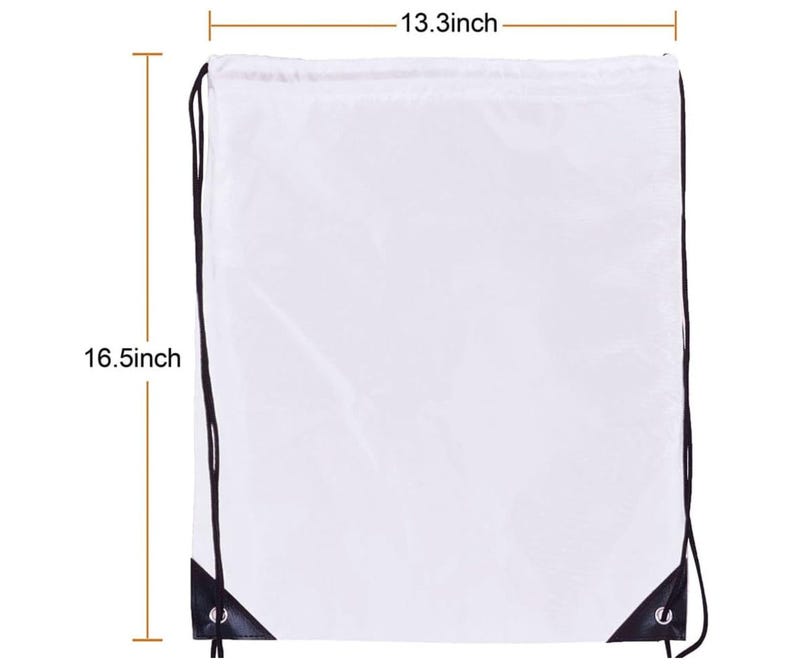May include: A white drawstring backpack featuring black cords and black reinforced corners with metal grommets. The bag measures 33.8 cm in width and 41.9 cm in height as indicated by the visible measurement lines and text labels.