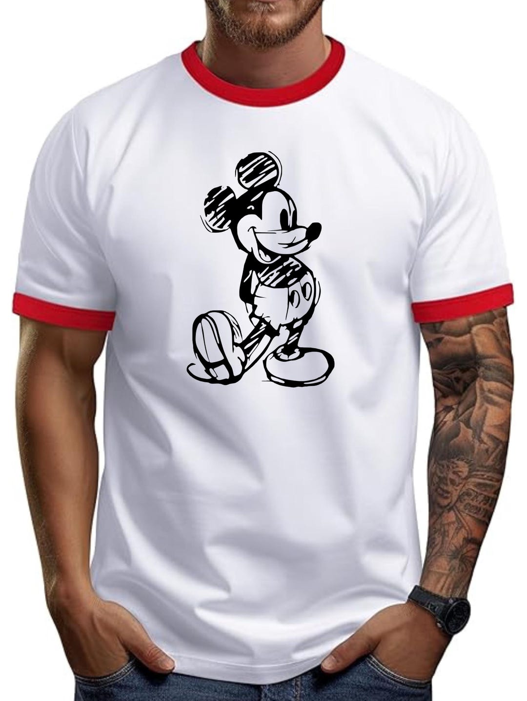 Sketched Mickey Mouse Ringer Shirt for Husband or Dad, Disneyworld Trip ...