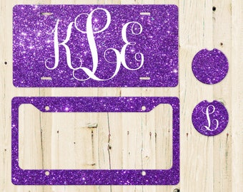 Purple Glitter License Plate, Monogram Front Plate, Custom License Plates, License Plate Frame