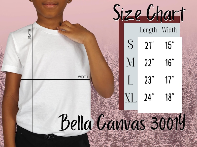 May include: A white Bella Canvas 30019 t-shirt with a size chart. The chart shows the length and width measurements in inches for sizes S, M, L, and XL. The t-shirt is being modeled.