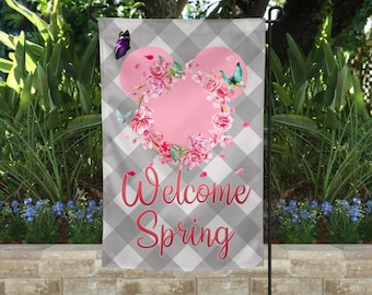 Disney Welcome Spring Garden Flag Floral, Floral Disney Garden Flag, Disney Home Decor, Disney Yard Flag, Minnie Mouse, Disney Lover Gift