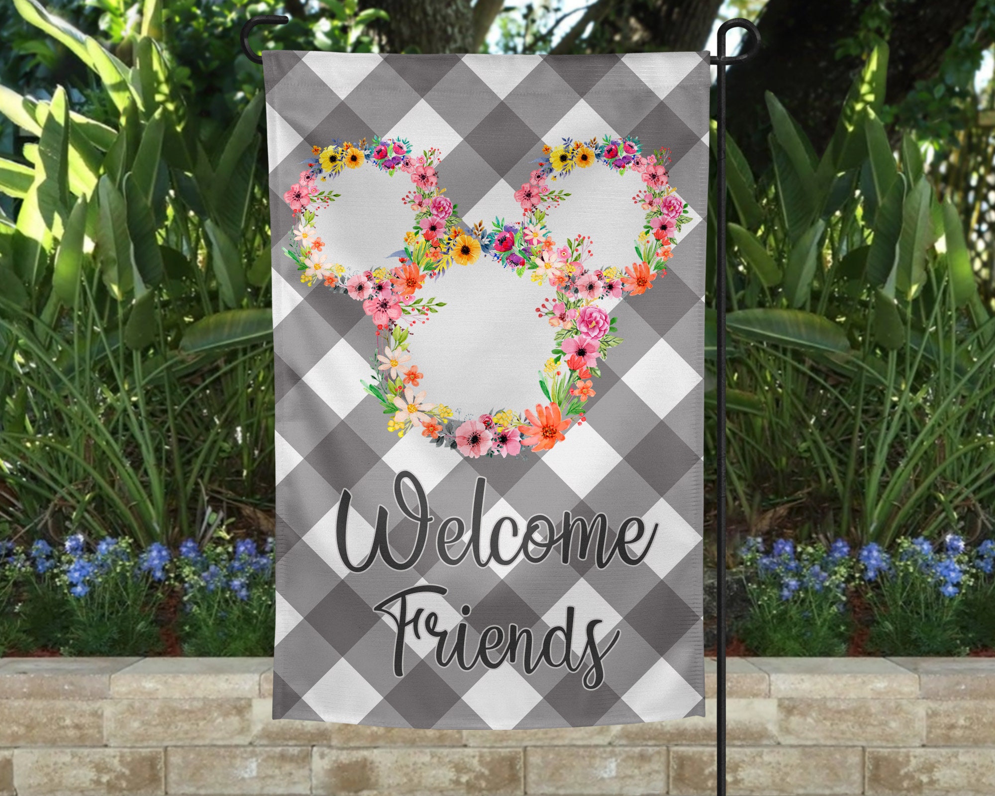 Disney Welcome Friends Garden Flag Floral, Floral Disney Garden Flag ...