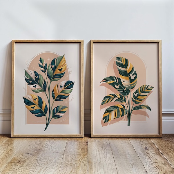 Set of Two Subtle Disney Wall Art Print, Mickey Palm Leaf, Tropical Home Decor, Disney Lover Gift