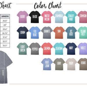May include: A t-shirt size and colour chart. The size chart shows measurements in inches for sizes S to 4XL. The colour chart displays various t-shirt colours, including Berry, Black, Denim, and Granite.