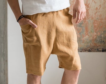 Drop-Crotch style: Lightweight Linen Shorts for men - The Perfect Lounge Wear with Elastic Waist and Ties, and Practical Pockets