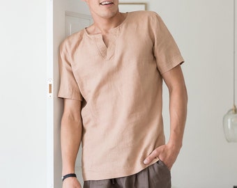 V-Neck Linen Shirt: The Natural Linen Tee for Men, Short Sleeve V-Neck Linen T-Shirt, Perfect for Casual Occasions and Effortless Style