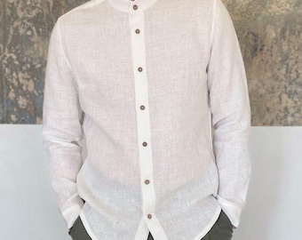 Linen Shirt Men - Band Collar White Linen Shirt - Summer Breathable Linen Dress Shirt - Casual Wedding Shirt