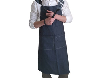 Mens linen apron - Bib linen apron with pocket - Kitchen apron for men - Full linen apron - Christmas apron for men